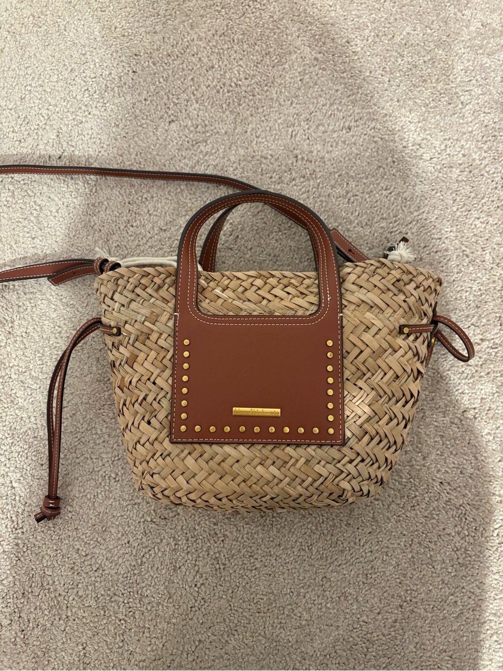 House of Harlow 1960 Tan Woven Straw Crossbody with Brown Leather Trim